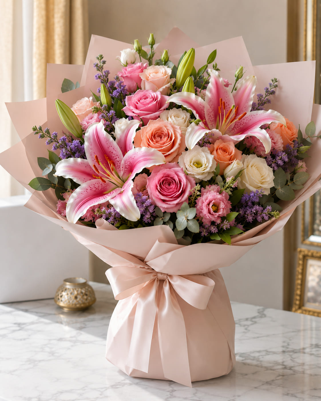 Birthday bouquet with roses and lilies delivered in Fes