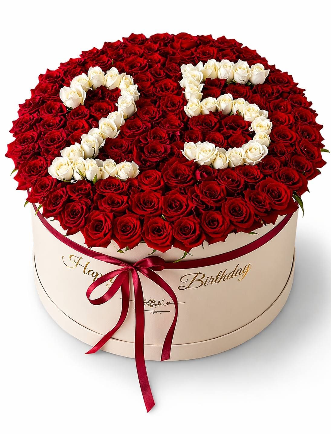 Round box of red roses with the number 25 written in white roses, birthday delivery Fes