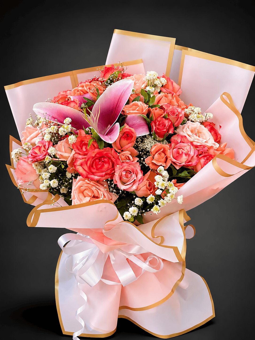 Coral roses and stargazer lily bouquet in blush wrapping, flower delivery Fes