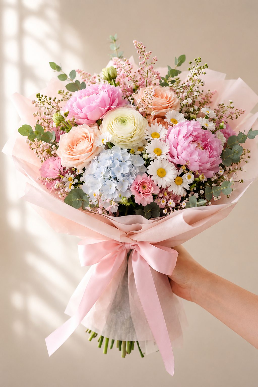 Pastel bouquet of peonies, ranunculus and blue hydrangea for flower delivery in Fes