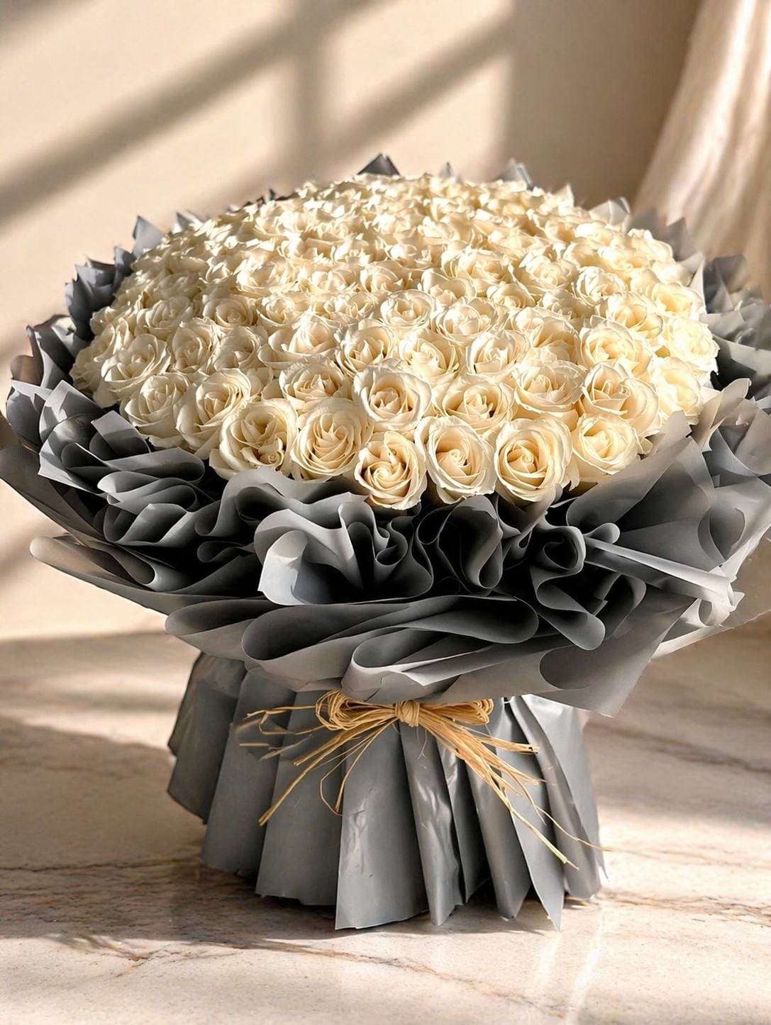 Large ivory white rose bouquet in grey wrapping, luxury flower delivery in Fes